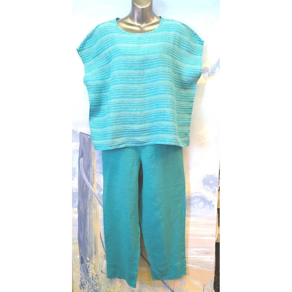 NEW FLAX S 2 PC Pant Set W/Boxy Top In Green And White